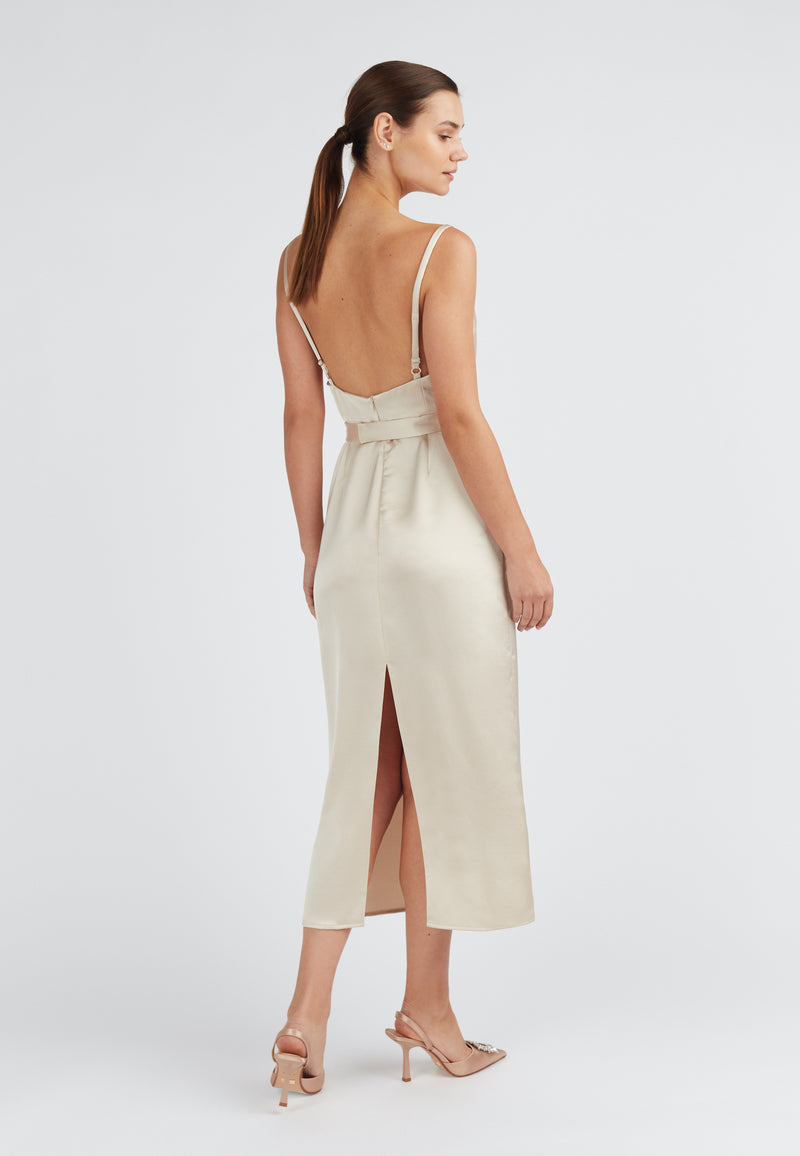 Champagne draped front midi dress with back slit