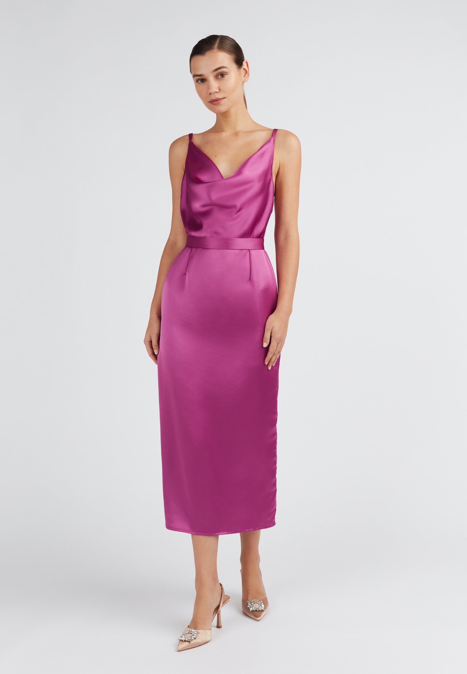 Bridesmaid Magenta pink open back dress