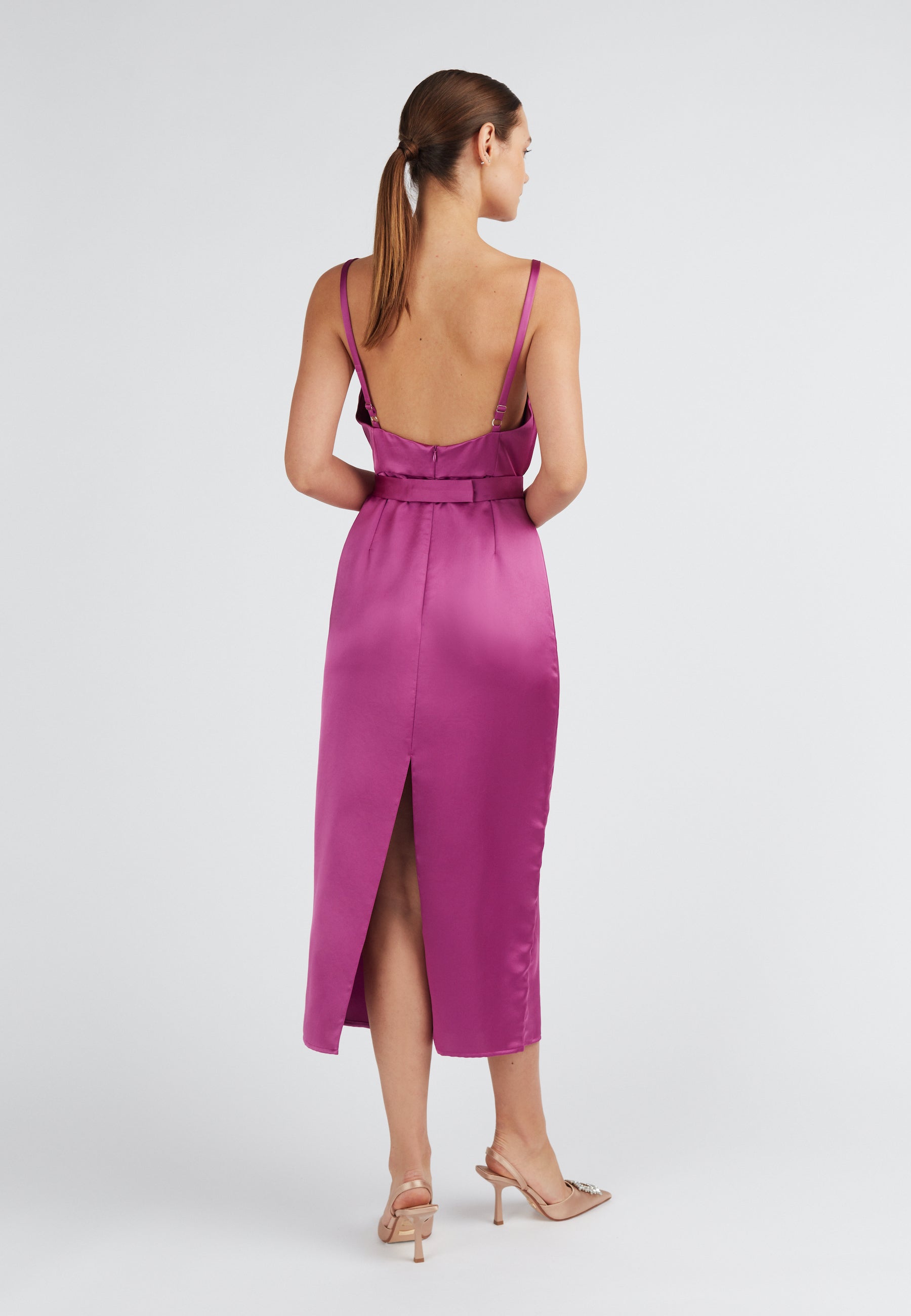 Magenta pink open back dress with back slit