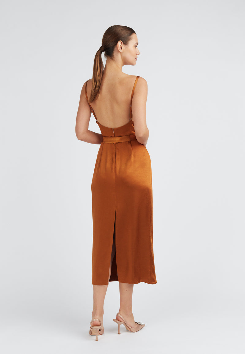 Brown satin draped front backless dress 
