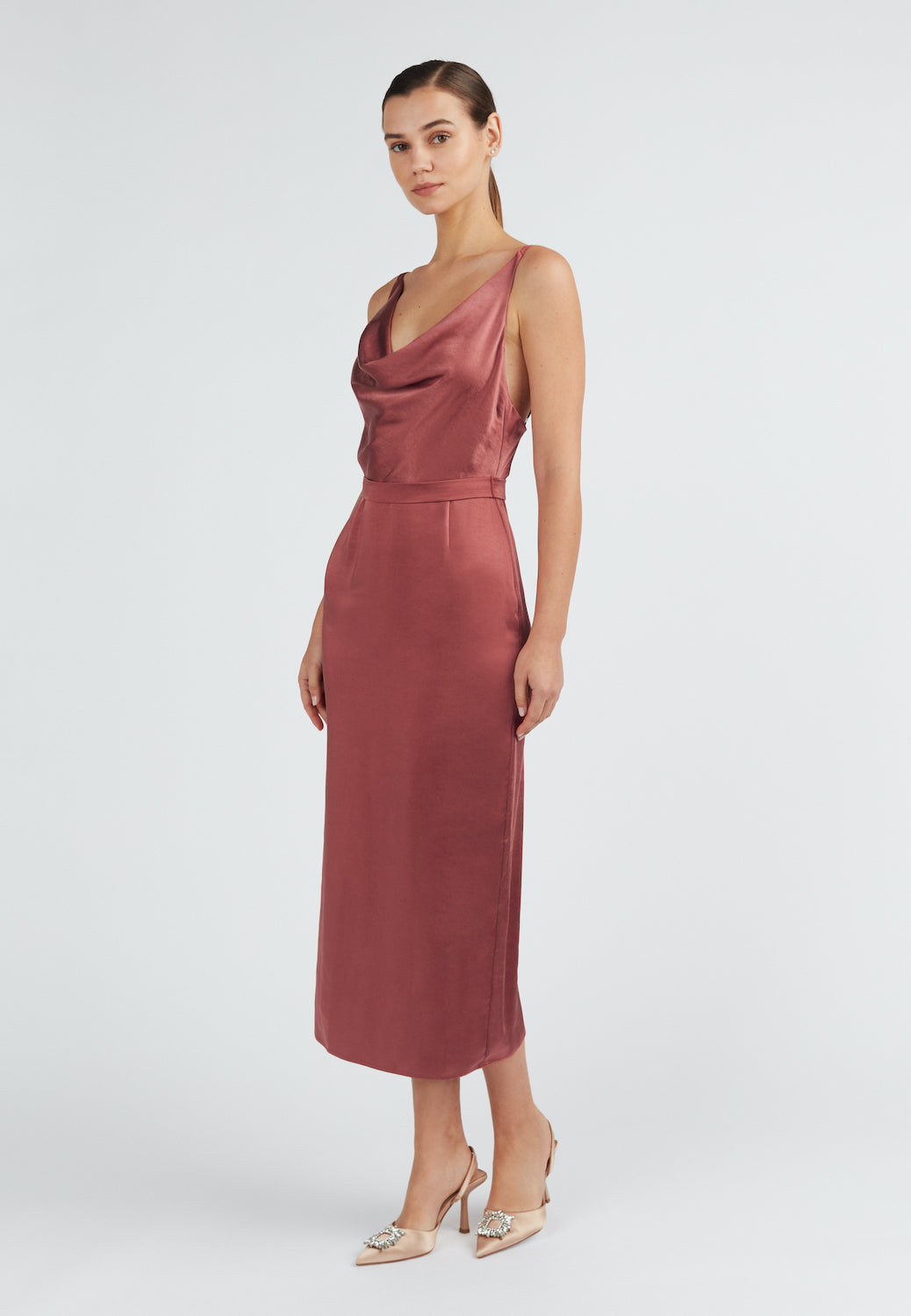 Brick red backless elegant midi dress KAMEA