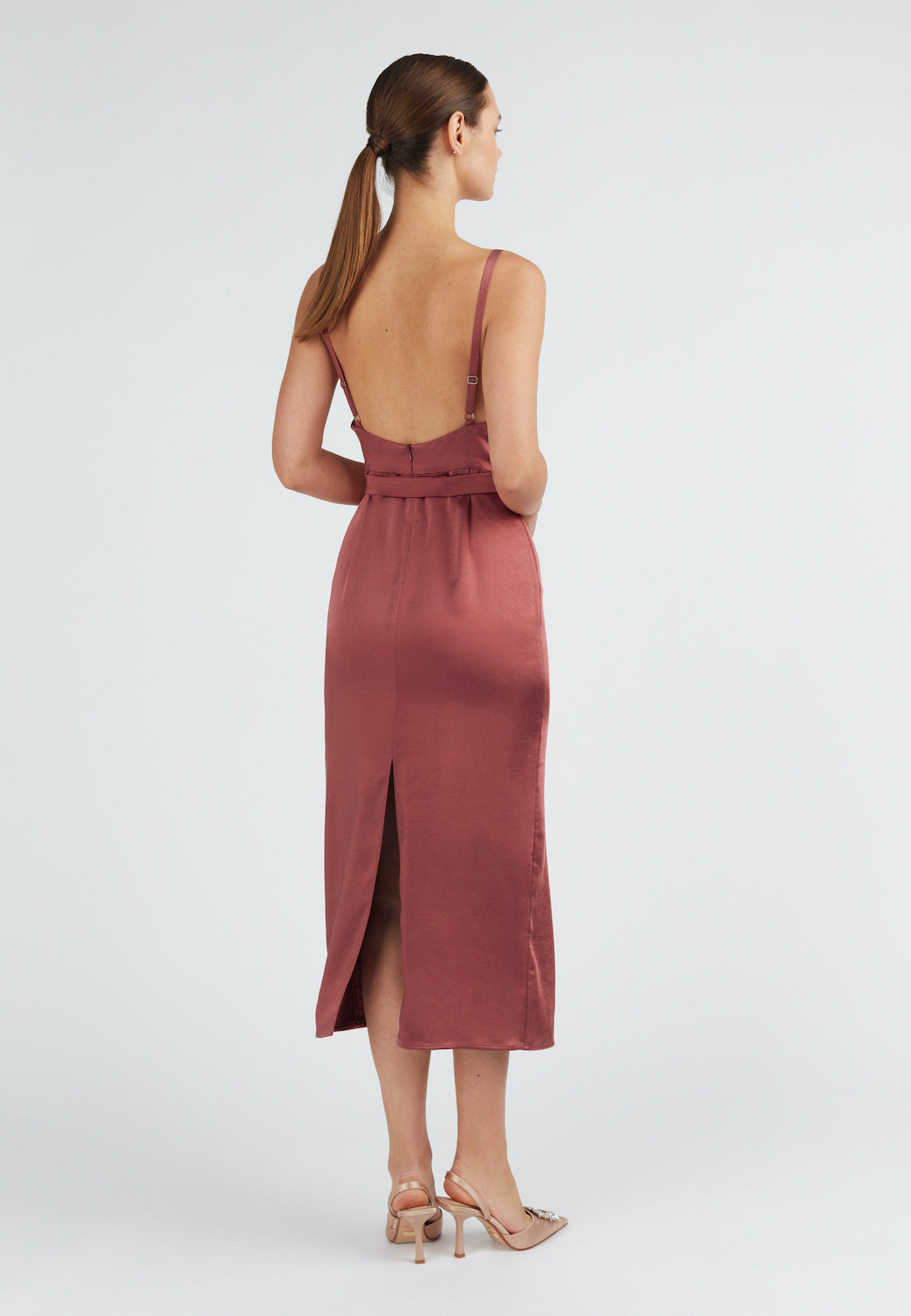 Brick red backless coctail dress with back slit