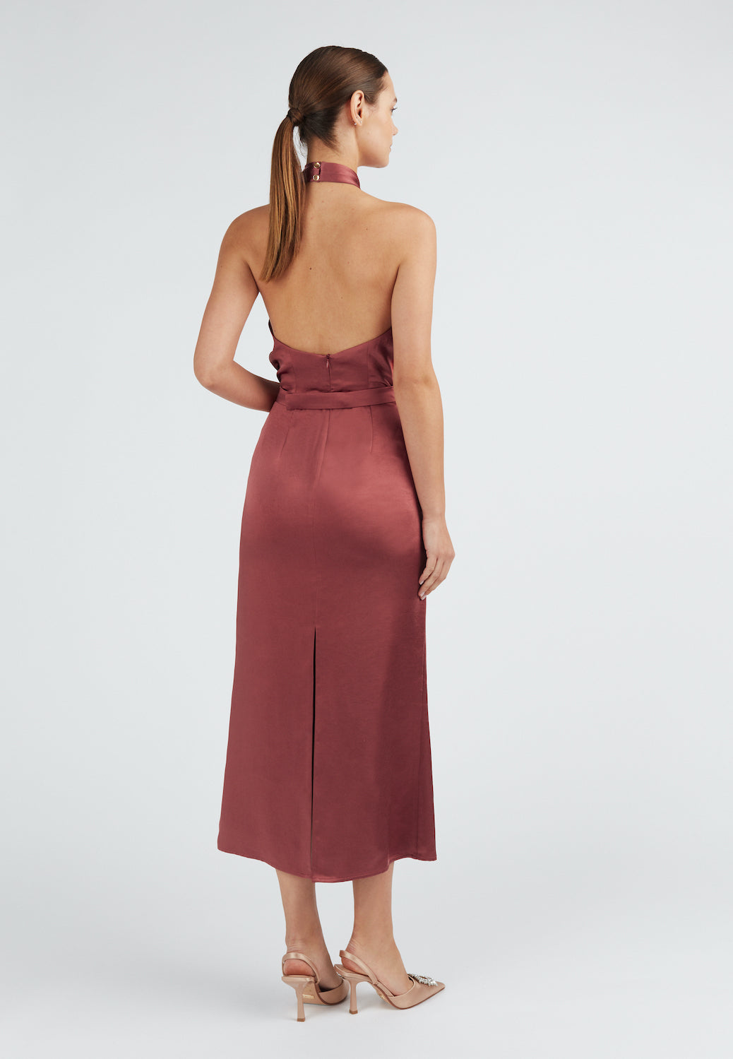 Backless X Neckline Brick Satin Midi Dress PAULA