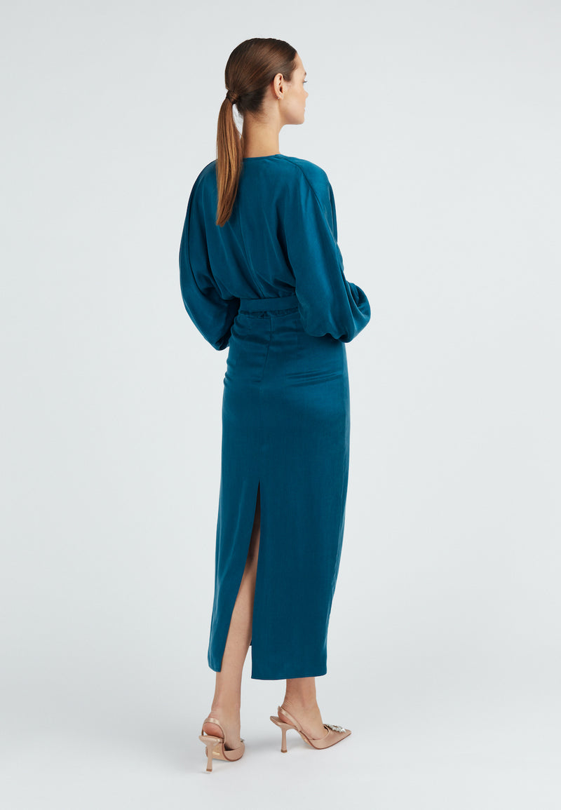 Teal blue midi dress with back split
