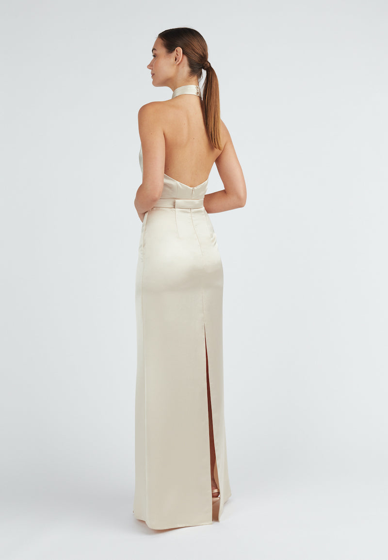 Champagne satin evening maxi dress with back slit