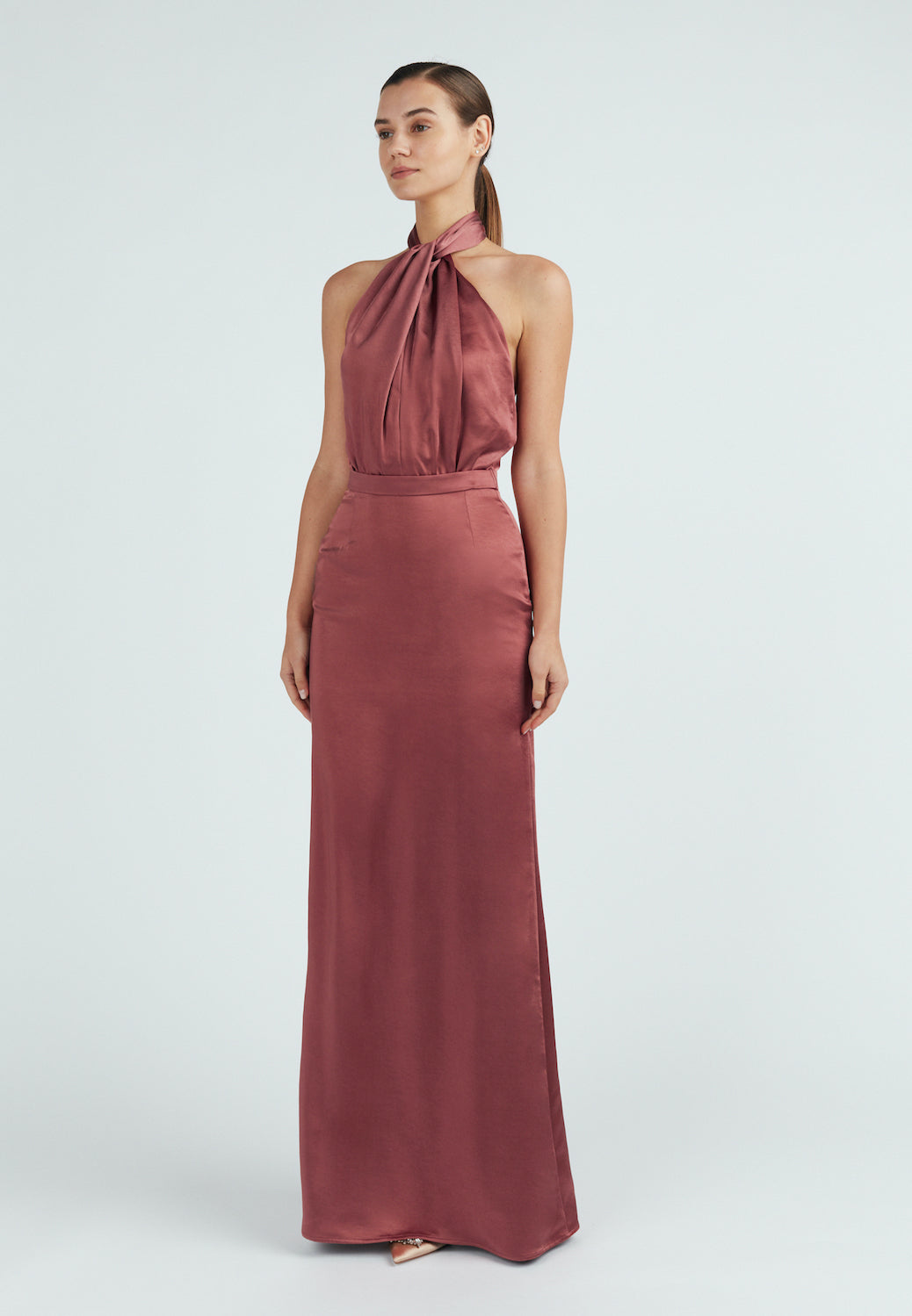 X neckline brick red satin evening dress ELONA