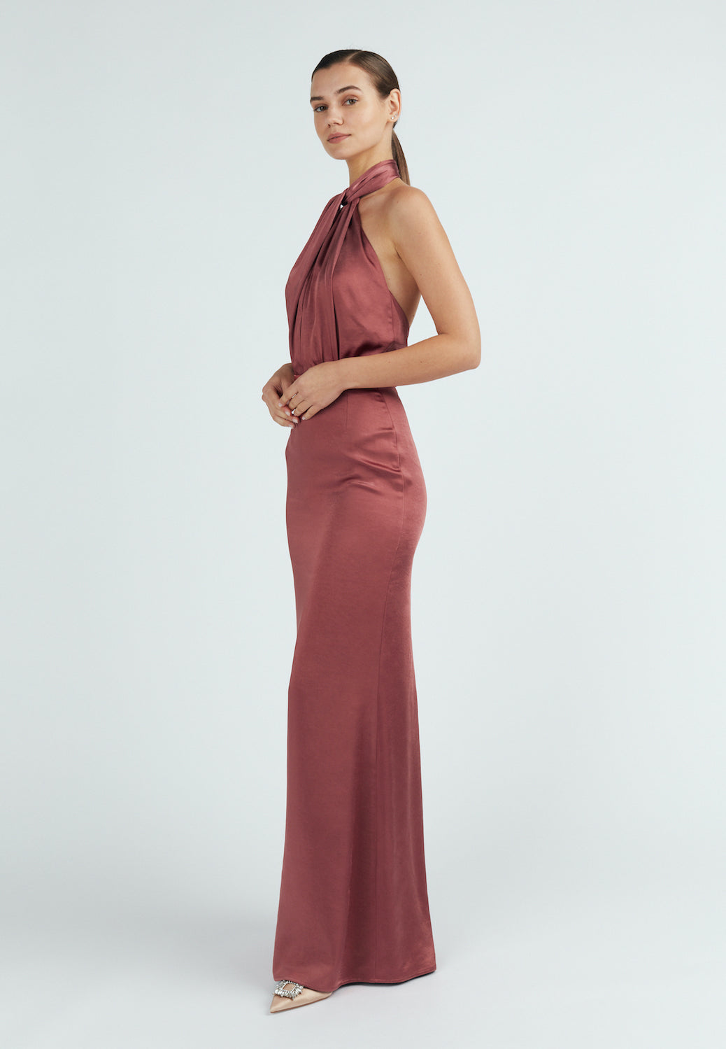 Elegant X neckline brick red satin maxi dress 