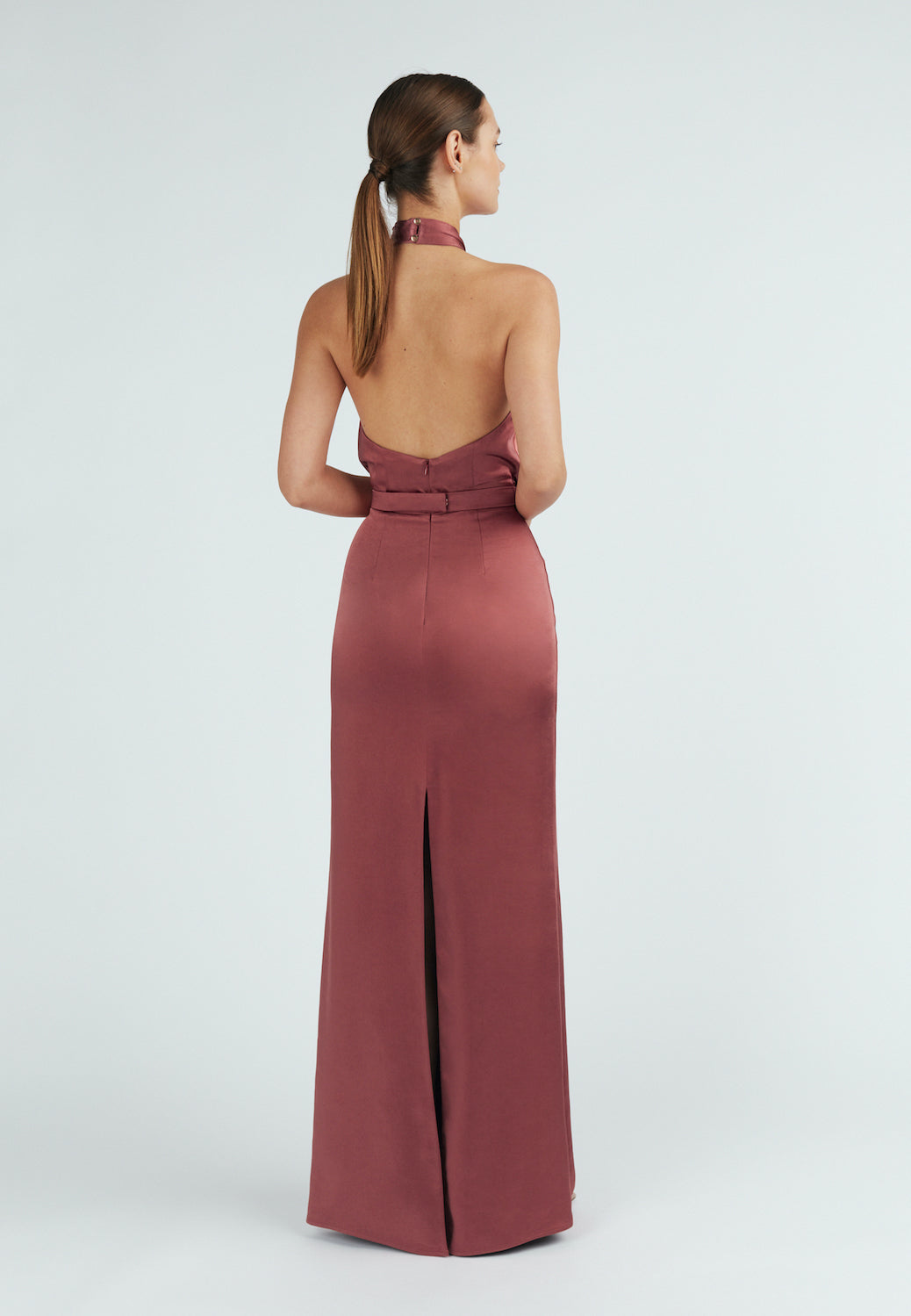 X neckline satin maxi dress with back slit