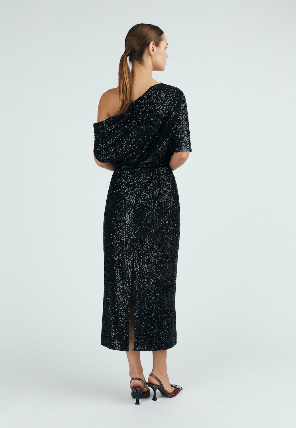 Black sequin asymmetric evening midi dress  with back slit
