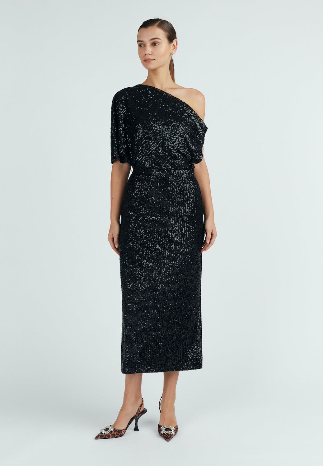 Elgant Black sequin asymmetric evening dress 