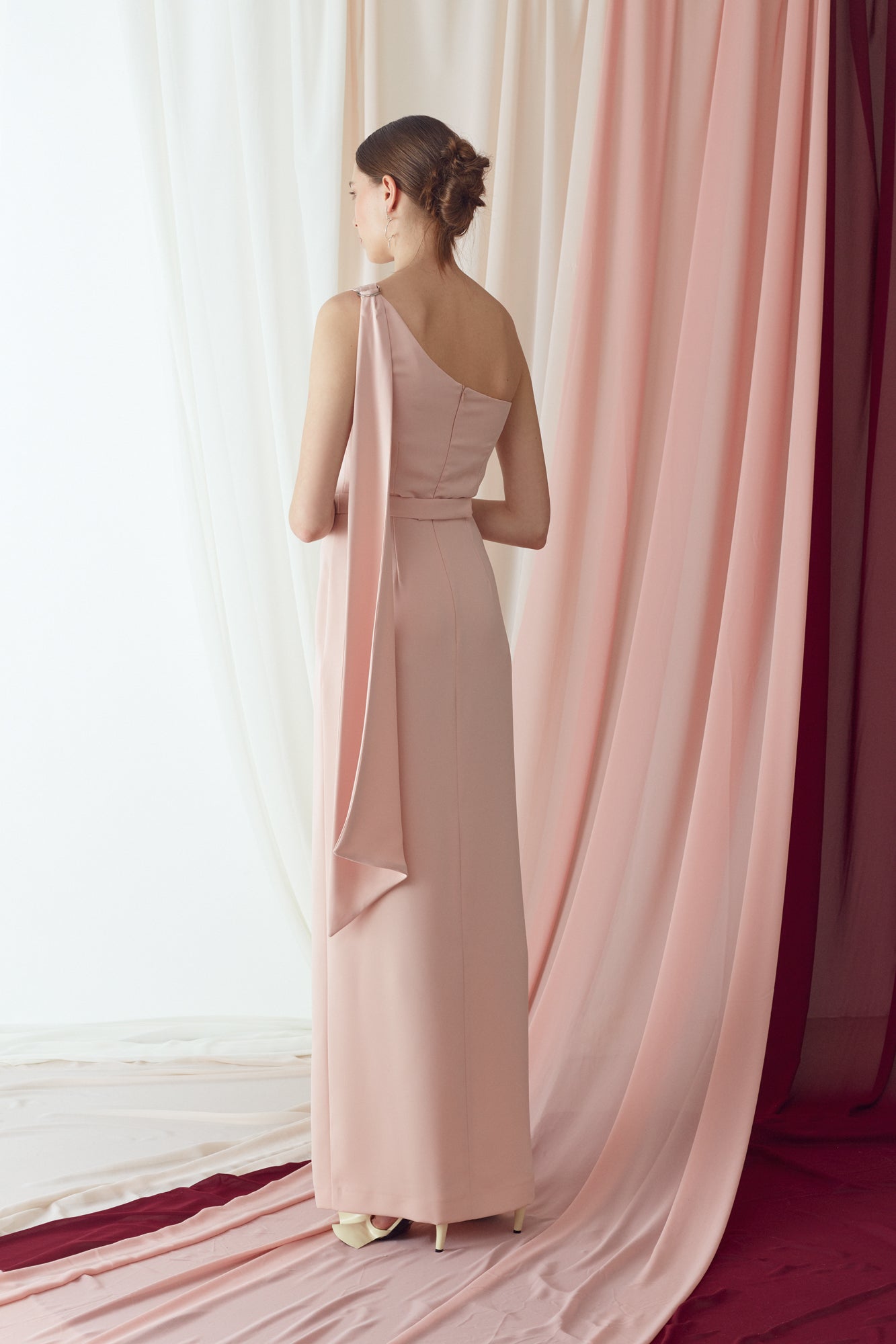 TOSKA pastel pink one shoulder maxi dress